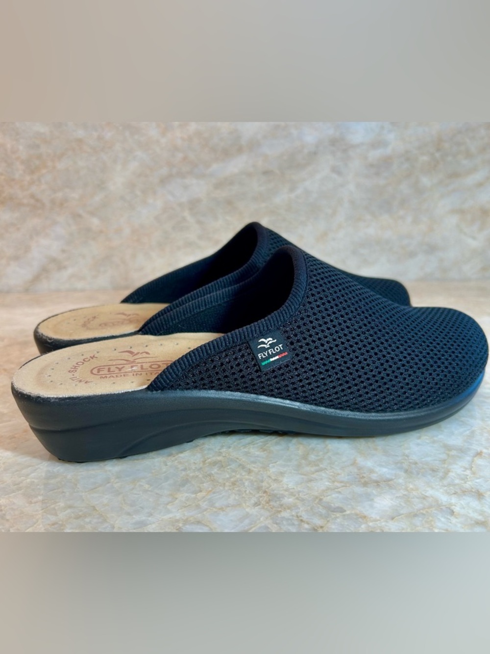 Fly Flot Black Mesh Clogs Womens Black Slip on Confort Mules Mate in Italy 39-8